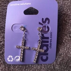 Claire's Silver Rhinestone Cross Earrings